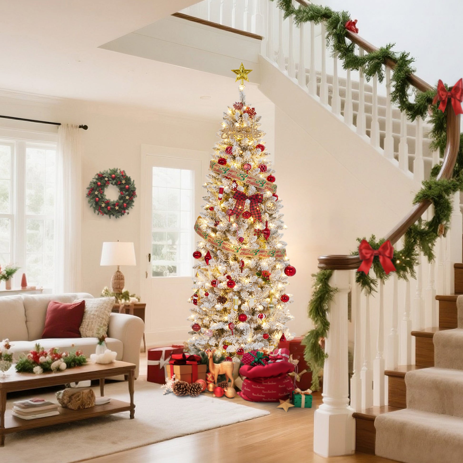 Garvee 12ft Pre-lit Artificial Christmas Tree, Snow-Flocked Pencil Xmas Tree with Warm White Lights, Snowy PVC Branch Tips, Seasonal Decoration Tree for Home Office