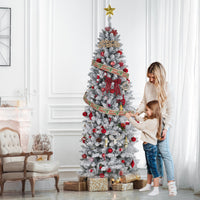 Garvee 6ft Pre-lit Artificial Christmas Tree, Snow-Flocked Pencil Xmas Tree with Warm White Lights, Snowy PVC Branch Tips, Seasonal Decoration Tree for Home Office
