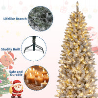 Garvee 6ft Pre-lit Artificial Christmas Tree, Snow-Flocked Pencil Xmas Tree with Warm White Lights, Snowy PVC Branch Tips, Seasonal Decoration Tree for Home Office