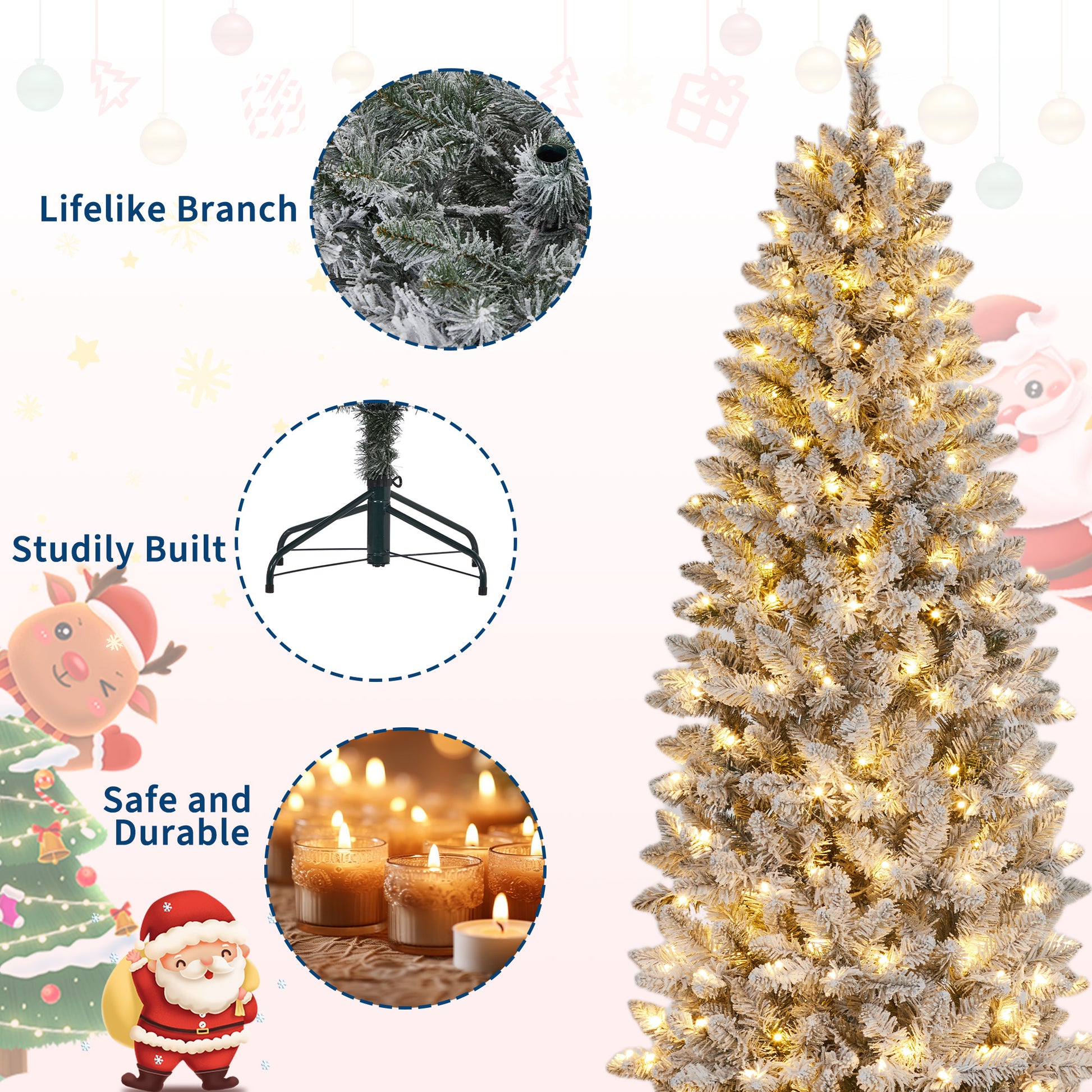 Garvee 9ft Pre-lit Artificial Christmas Tree, Snow-Flocked Pencil Xmas Tree with Warm White Lights, Snowy PVC Branch Tips, Seasonal Decoration Tree for Home Office