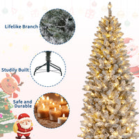 Garvee 9ft Pre-lit Artificial Christmas Tree, Snow-Flocked Pencil Xmas Tree with Warm White Lights, Snowy PVC Branch Tips, Seasonal Decoration Tree for Home Office