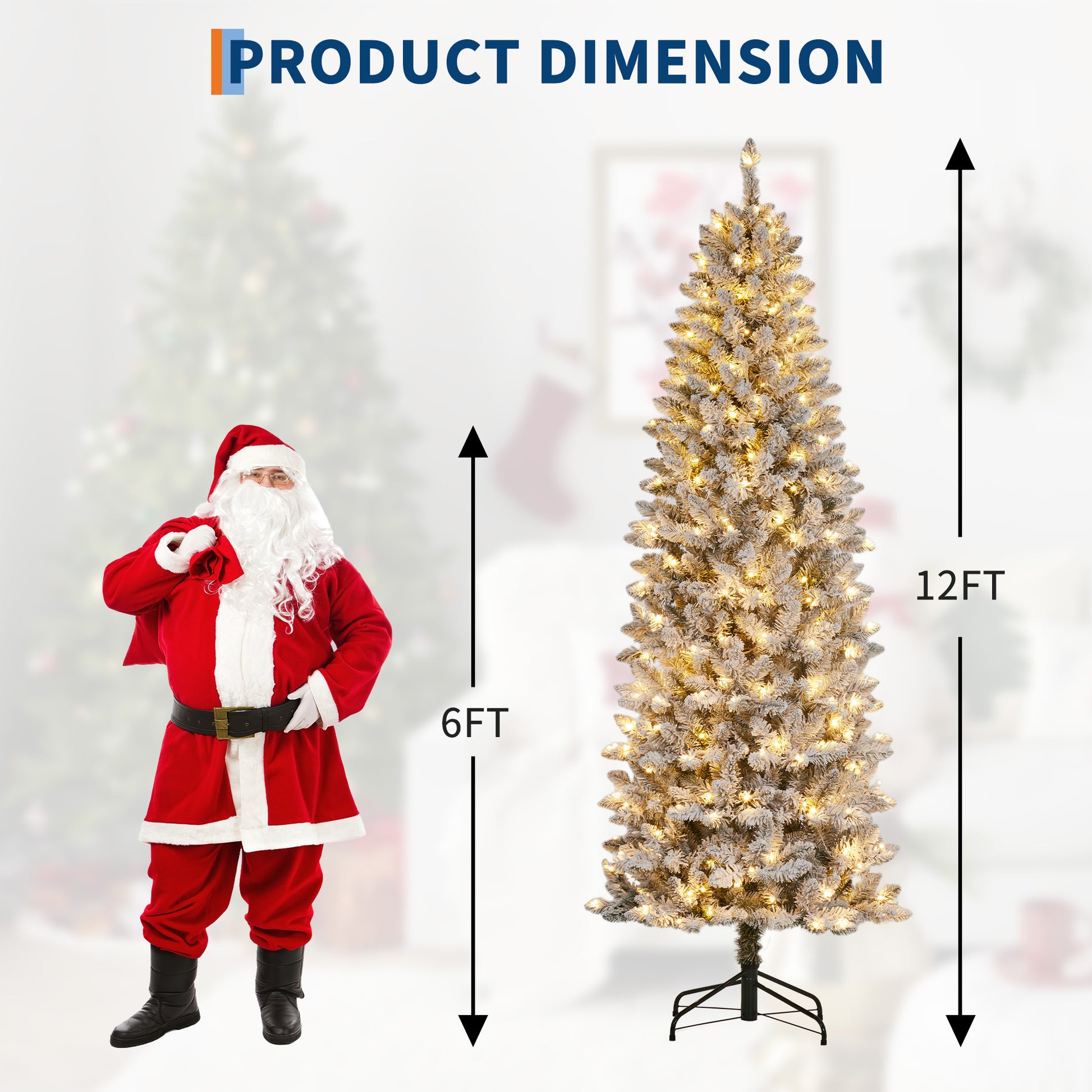 Garvee 12ft Pre-lit Artificial Christmas Tree, Snow-Flocked Pencil Xmas Tree with Warm White Lights, Snowy PVC Branch Tips, Seasonal Decoration Tree for Home Office