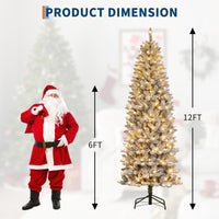 Garvee 12ft Pre-lit Artificial Christmas Tree, Snow-Flocked Pencil Xmas Tree with Warm White Lights, Snowy PVC Branch Tips, Seasonal Decoration Tree for Home Office