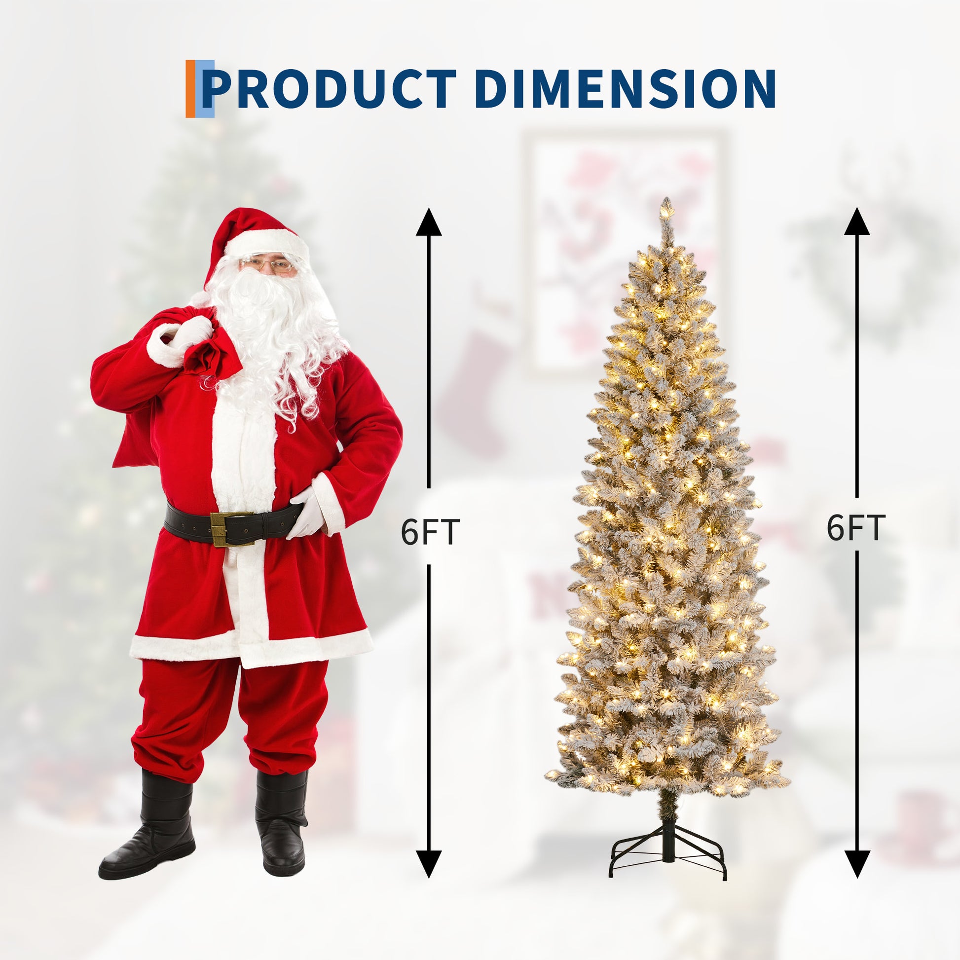 Garvee 6ft Pre-lit Artificial Christmas Tree, Snow-Flocked Pencil Xmas Tree with Warm White Lights, Snowy PVC Branch Tips, Seasonal Decoration Tree for Home Office