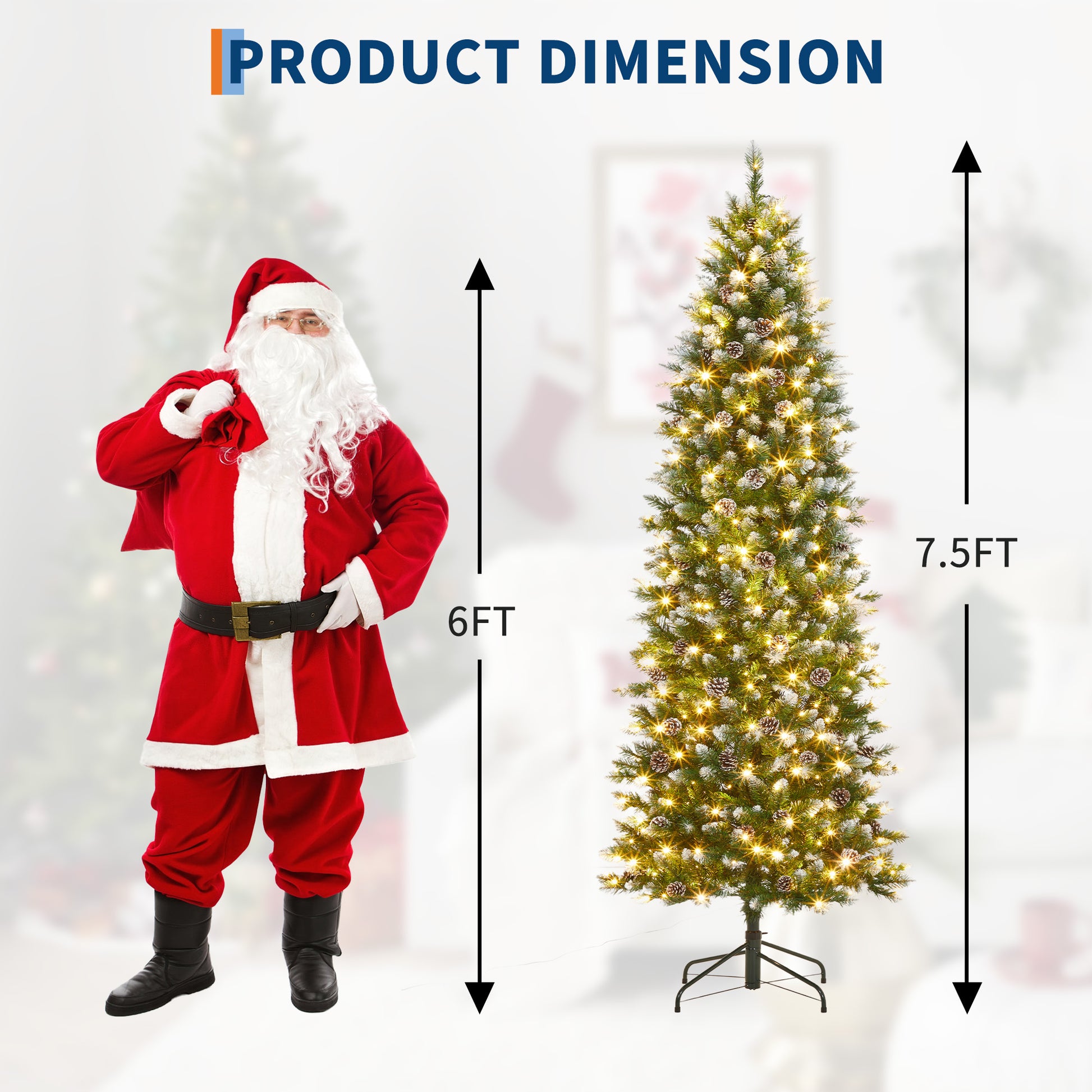 Garvee 7.5ft Pre-Lit Pencil Christmas Tree, Artificial Hinged Xmas Tree with 854 Snow Flocked Tips, 350 Warm-White LED Lights, Metal Stand, Fake Slim Christmas Trees for Indoor/Outdoor Decor