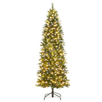Garvee 7.5ft Pre-Lit Pencil Christmas Tree, Artificial Hinged Xmas Tree with 854 Snow Flocked Tips, 350 Warm-White LED Lights, Metal Stand, Fake Slim Christmas Trees for Indoor/Outdoor Decor