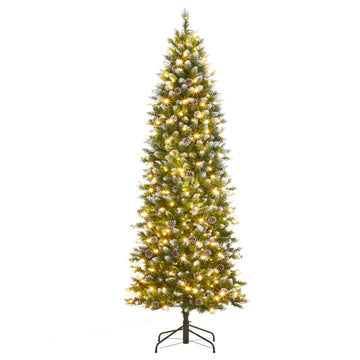Garvee 9ft Pre-Lit Pencil Christmas Tree, Artificial Hinged Xmas Tree with 1106 Snow Flocked Tips, 450 Warm-White LED Lights, Metal Stand, Fake Slim Christmas Trees for Indoor/Outdoor Decor
