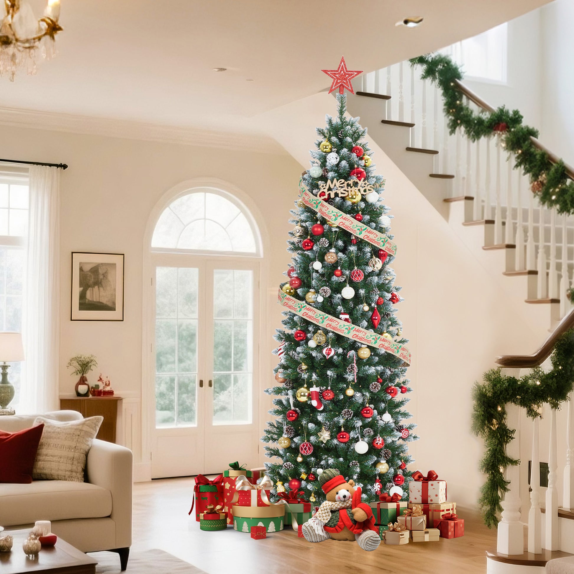 Garvee 9ft Pre-Lit Pencil Christmas Tree, Artificial Hinged Xmas Tree with 1106 Snow Flocked Tips, 450 Warm-White LED Lights, Metal Stand, Fake Slim Christmas Trees for Indoor/Outdoor Decor