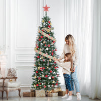 Garvee 9ft Pre-Lit Pencil Christmas Tree, Artificial Hinged Xmas Tree with 1106 Snow Flocked Tips, 450 Warm-White LED Lights, Metal Stand, Fake Slim Christmas Trees for Indoor/Outdoor Decor