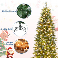 Garvee 12ft Large Pre-Lit Pencil Christmas Tree, Artificial Hinged Xmas Tree with Snow Flocked Tips, Warm-White LED Lights and Metal Stand, Fake Slim Christmas Trees for Indoor/Outdoor Decor