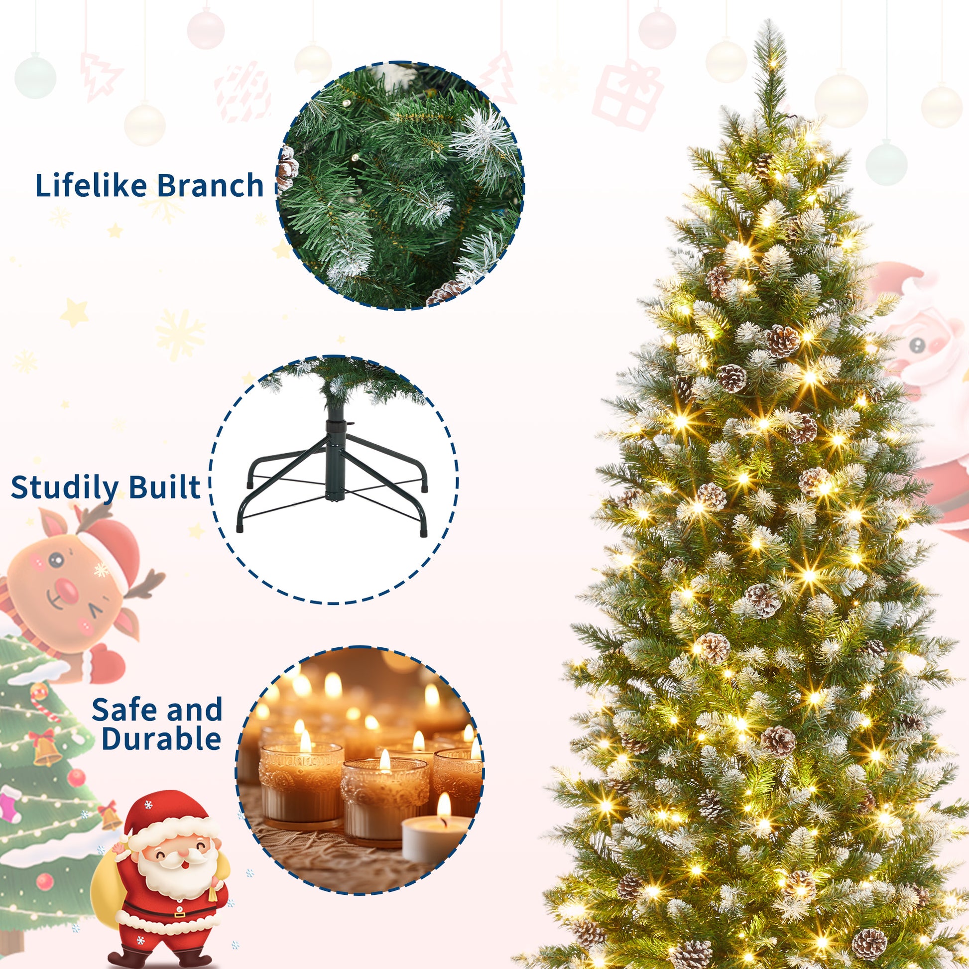 Garvee 9ft Pre-Lit Pencil Christmas Tree, Artificial Hinged Xmas Tree with 1106 Snow Flocked Tips, 450 Warm-White LED Lights, Metal Stand, Fake Slim Christmas Trees for Indoor/Outdoor Decor