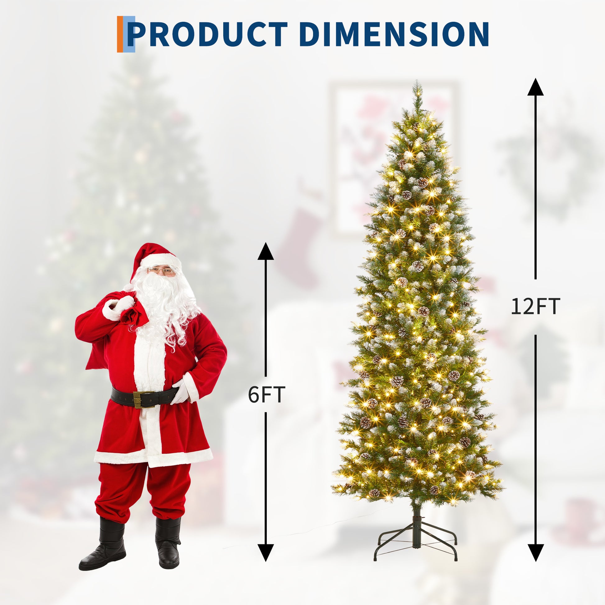 Garvee 12ft Large Pre-Lit Pencil Christmas Tree, Artificial Hinged Xmas Tree with Snow Flocked Tips, Warm-White LED Lights and Metal Stand, Fake Slim Christmas Trees for Indoor/Outdoor Decor