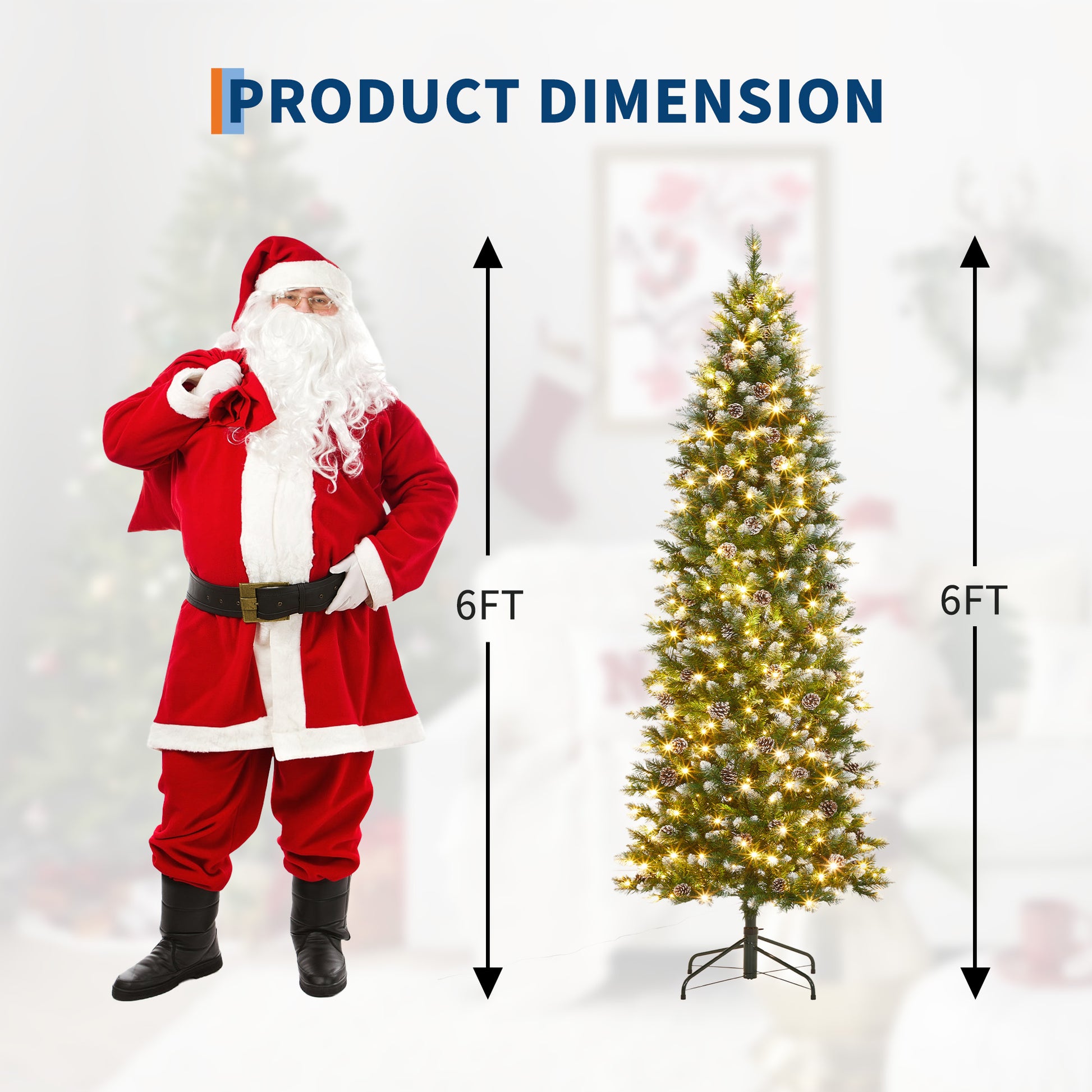 Garvee 6ft Pre-Lit Pencil Christmas Tree, Artificial Hinged Xmas Tree with 580 Snow Flocked Tips, 280 Warm-White LED Lights, Metal Stand, Fake Slim Christmas Trees for Indoor/Outdoor Decor