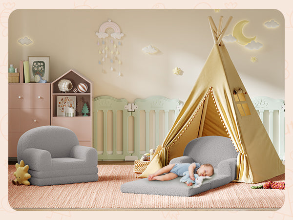 Garvee Foldable Lambswool Toddler Couch in Semi-Circular Design for Reading and Playroom, Grey