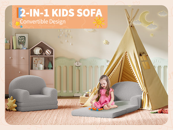 Garvee Foldable Lambswool Toddler Couch in Semi-Circular Design for Reading and Playroom, Grey