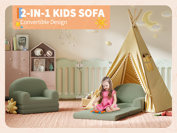 Garvee Foldable Lambswool Toddler Couch in Semi-Circular Design for Reading and Playroom, Green