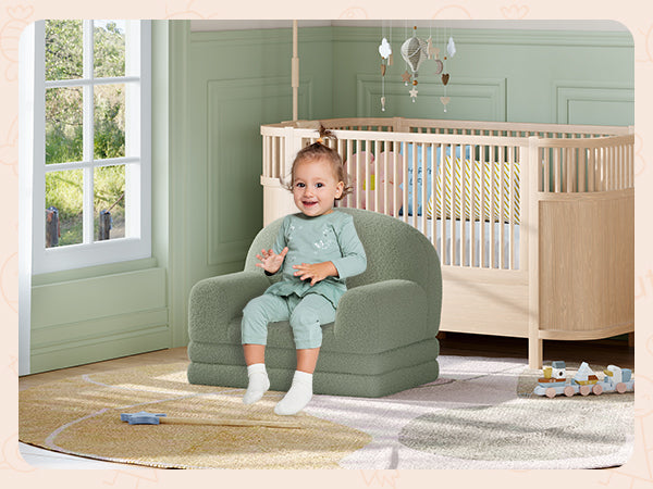 Garvee Foldable Lambswool Toddler Couch in Semi-Circular Design for Reading and Playroom, Green
