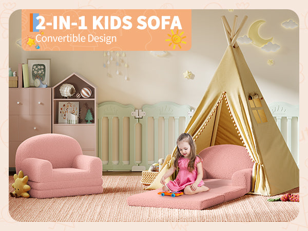 Garvee Foldable Lambswool Toddler Couch in Semi-Circular Design for Reading and Playroom, Pink