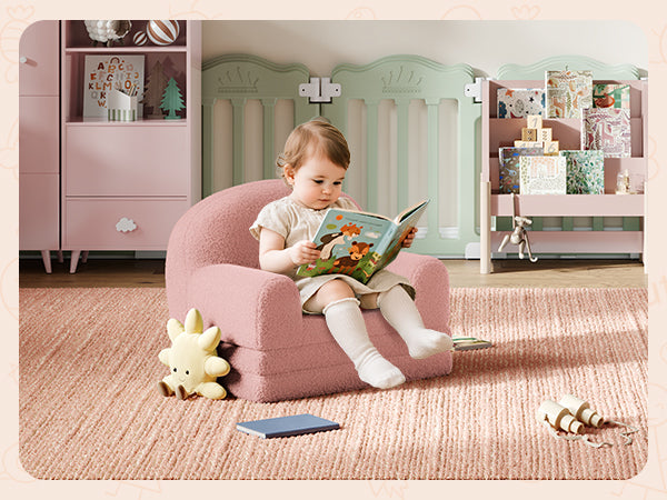 Garvee Foldable Lambswool Toddler Couch in Semi-Circular Design for Reading and Playroom, Pink