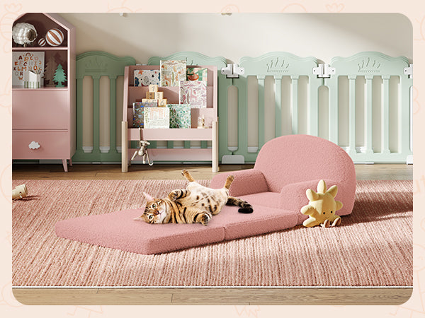 Garvee Foldable Lambswool Toddler Couch in Semi-Circular Design for Reading and Playroom, Pink