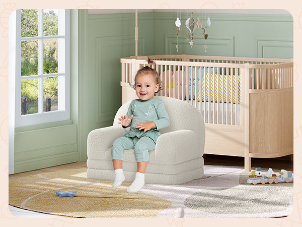 Garvee Foldable Lambswool Toddler Couch in Semi-Circular Design for Reading and Playroom, White