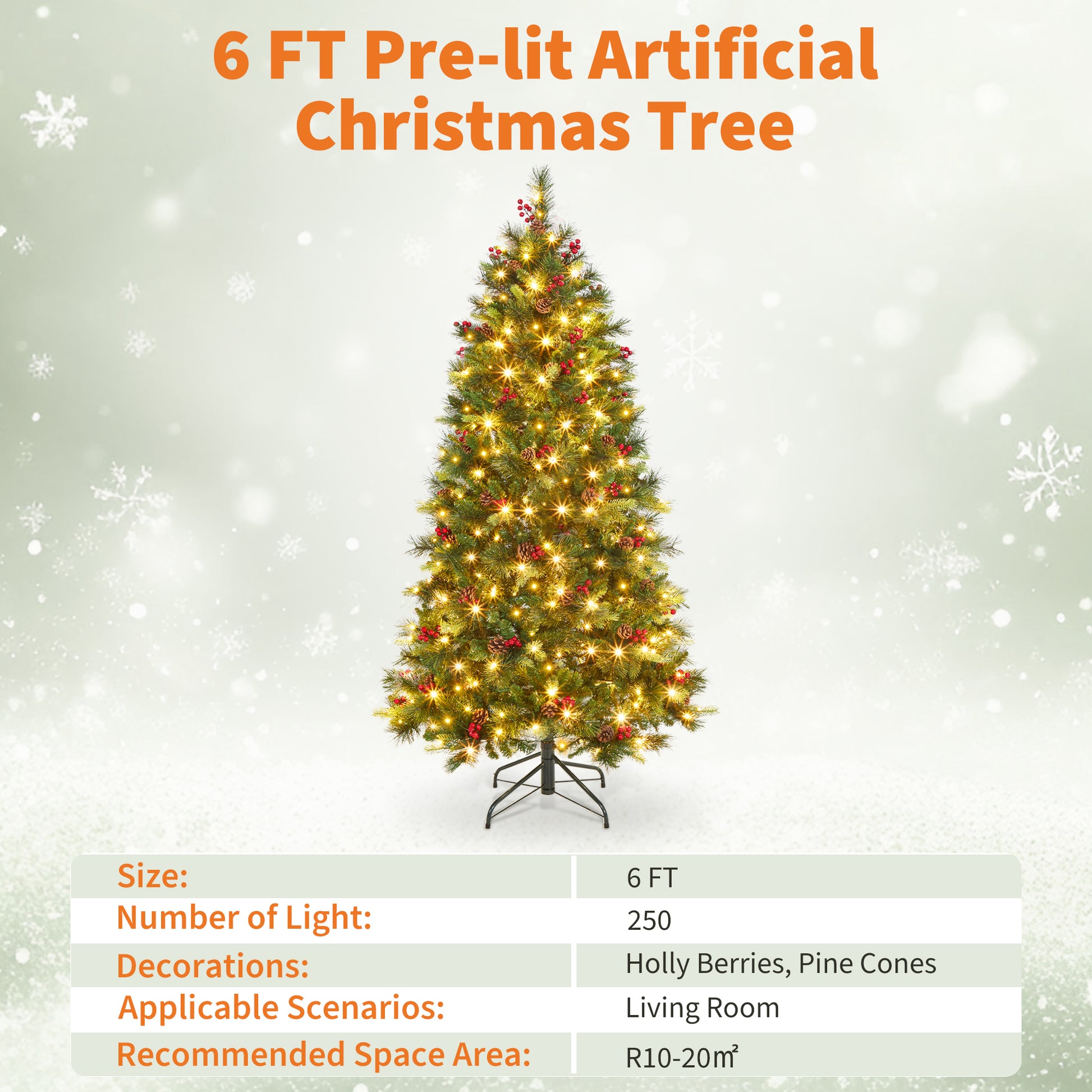Garvee 6ft Prelit Christmas Tree, Pencil Christmas Tree with Pine Cones & Berries, 250 Warm White Lights-8 Modes, Metal Stand, PE & PVC Xmas Trees for Porch, Church, Home Decor