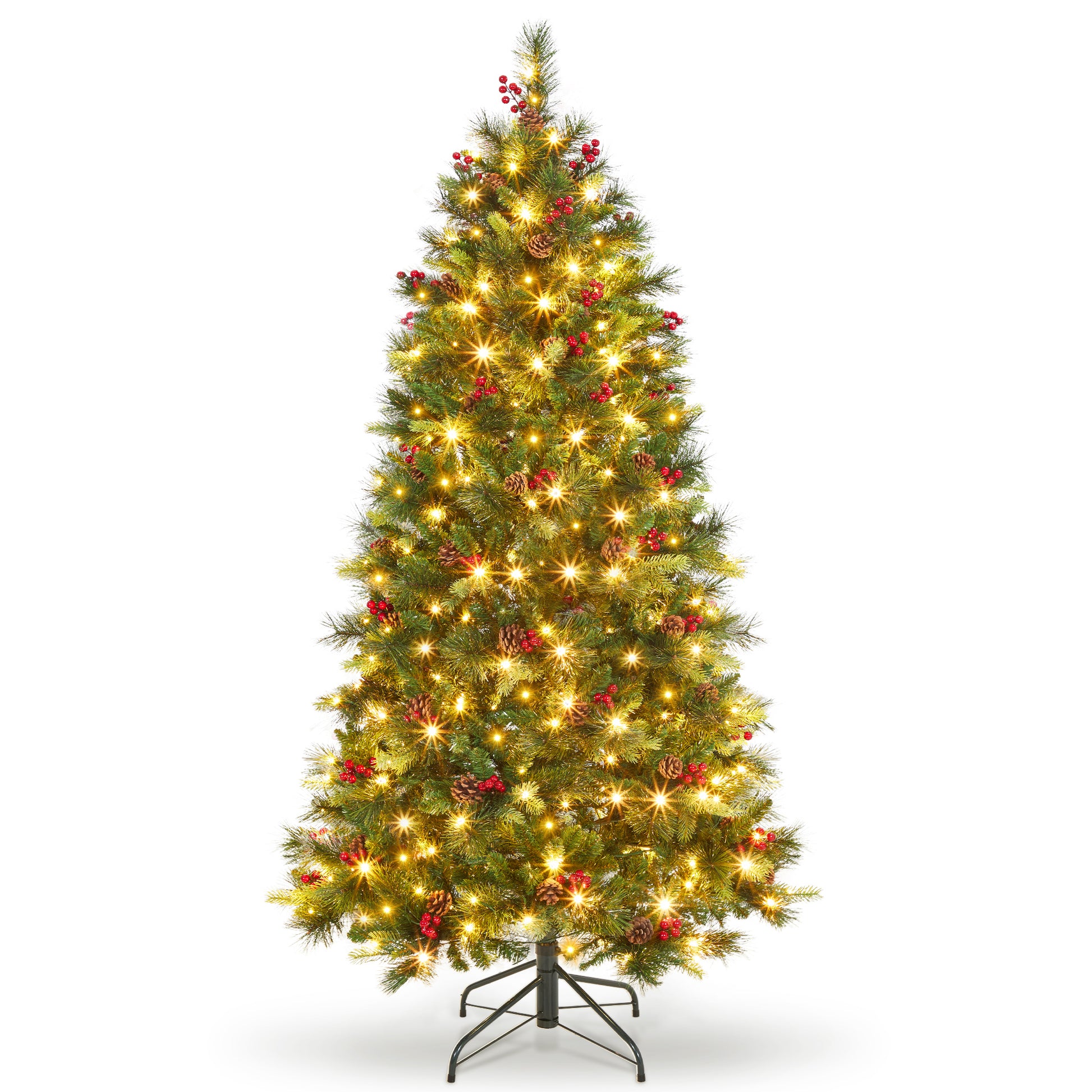 Garvee 6ft Prelit Christmas Tree, Pencil Christmas Tree with Pine Cones & Berries, 250 Warm White Lights-8 Modes, Metal Stand, PE & PVC Xmas Trees for Porch, Church, Home Decor