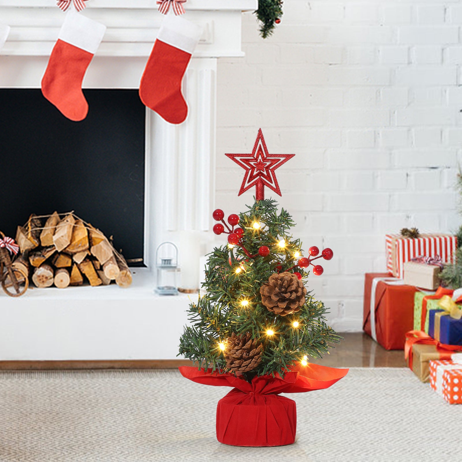 Garvee Mini Christmas Tree 12 Inch Pre-Lit with Berries Pine Cones Red ...