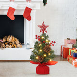 Garvee 12inch Tabletop Mini Christmas Tree Set with LED Lights, Berries, Pine Cones, Pre-lit Small Artificial Green Tree Decoration for Xmas Table Indoor Holiday(Red) - Red