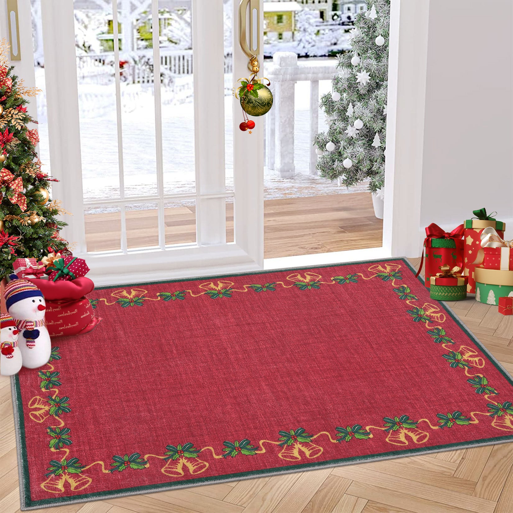Garvee Christmas Area Rugs, Red 2'x3' Bells Holly Berry Ribbon Garland Traditions Throw Carpets for Living Room Bedroom Kitchen Dining Room Nursery Office