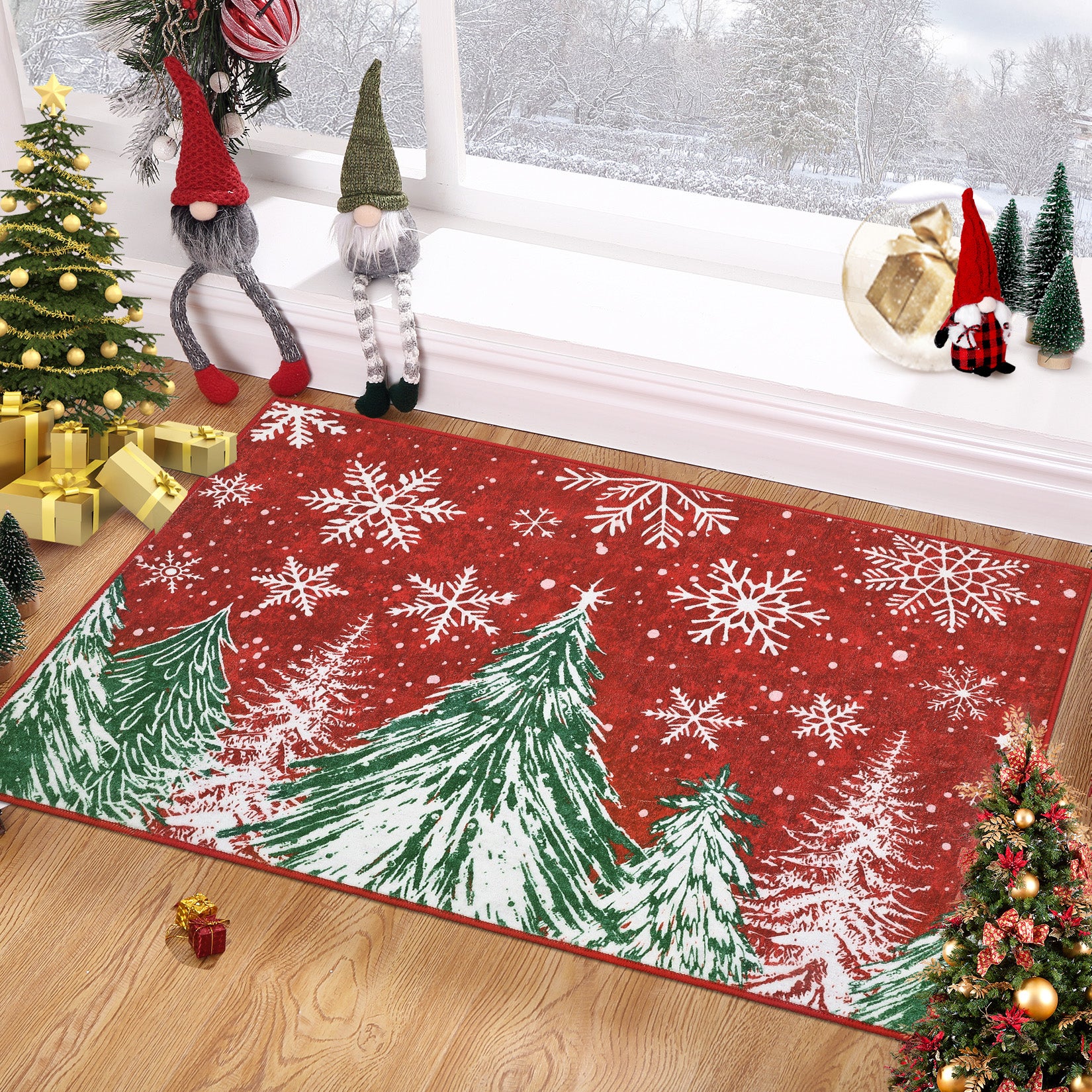 Garvee Christmas 2x3 Area Rug, Red Snowflake Christmas Tree Rugs for Living Room Washable, Bedroom Throw Rugs Non Slip, Soft Low Pile Floor Carpet for Kitchen Dining Room Christmas Decorations