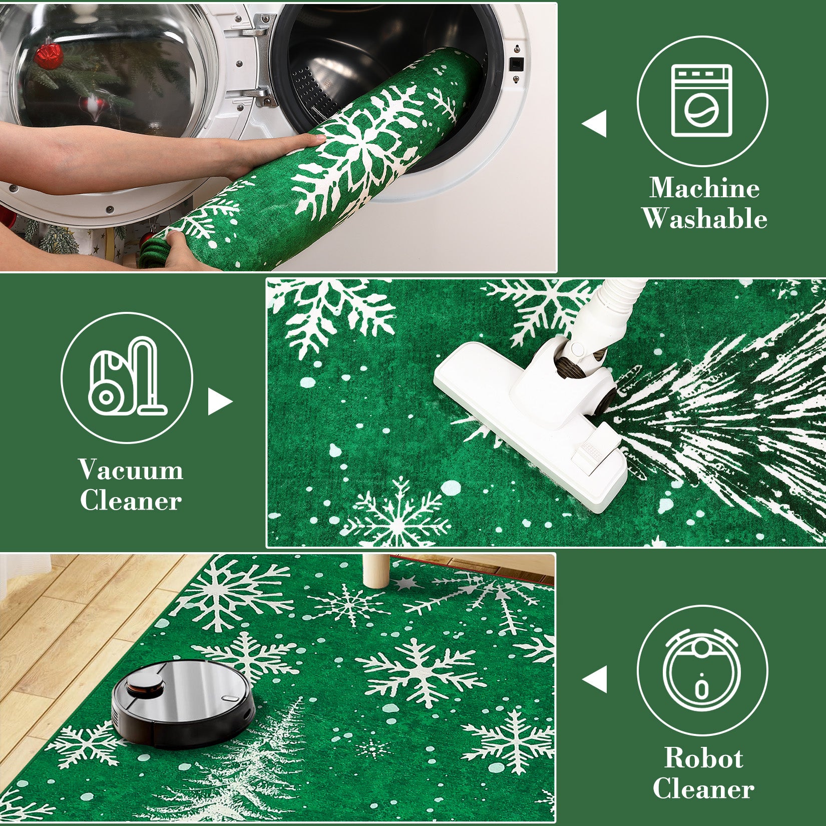 Garvee Christmas 5x7 Area Rug, Green Snowflake Christmas Tree Rugs for Living Room Washable, Bedroom Throw Rugs Non Slip, Soft Low Pile Floor Carpet for Kitchen Dining Room Christmas Decorations