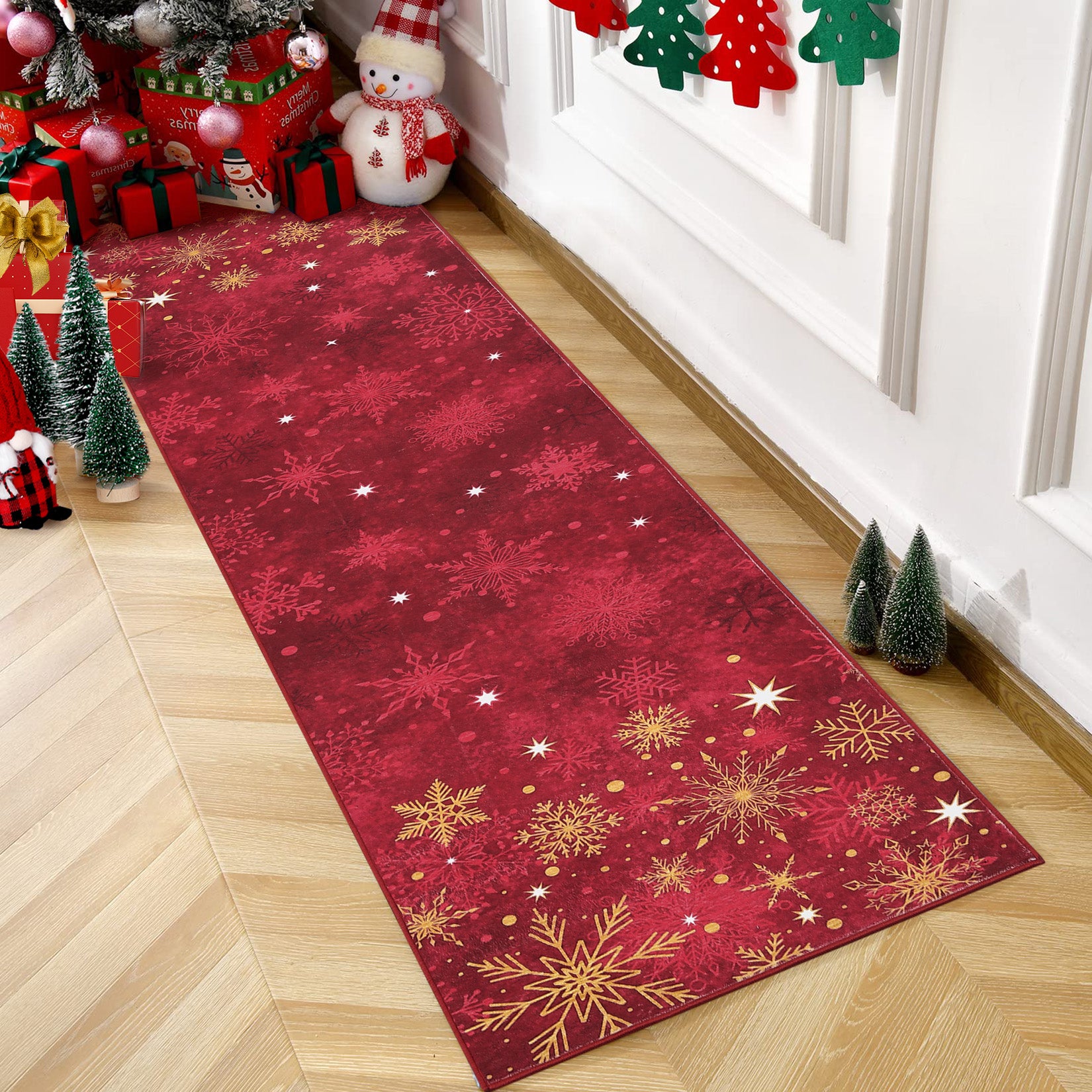 Garvee Christmas Snowflake Red 2x8 Feet Washable Foldable Non-Slip Rug (Low Pile), Pet & Child Friendly Carpet for Living Room, Bedroom Holiday Decoration