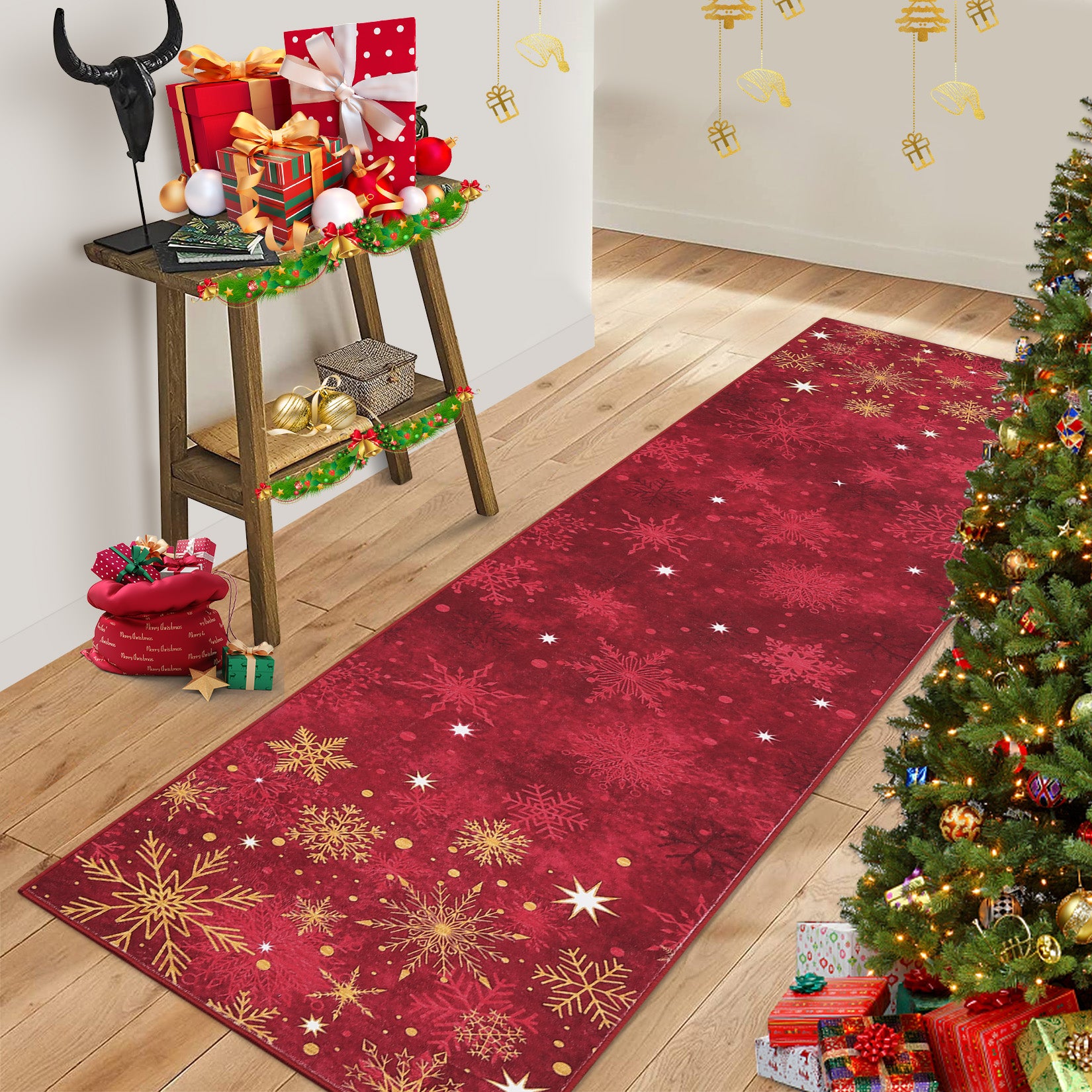 Garvee Christmas Snowflake Red 2x8 Feet Washable Foldable Non-Slip Rug (Low Pile), Pet & Child Friendly Carpet for Living Room, Bedroom Holiday Decoration
