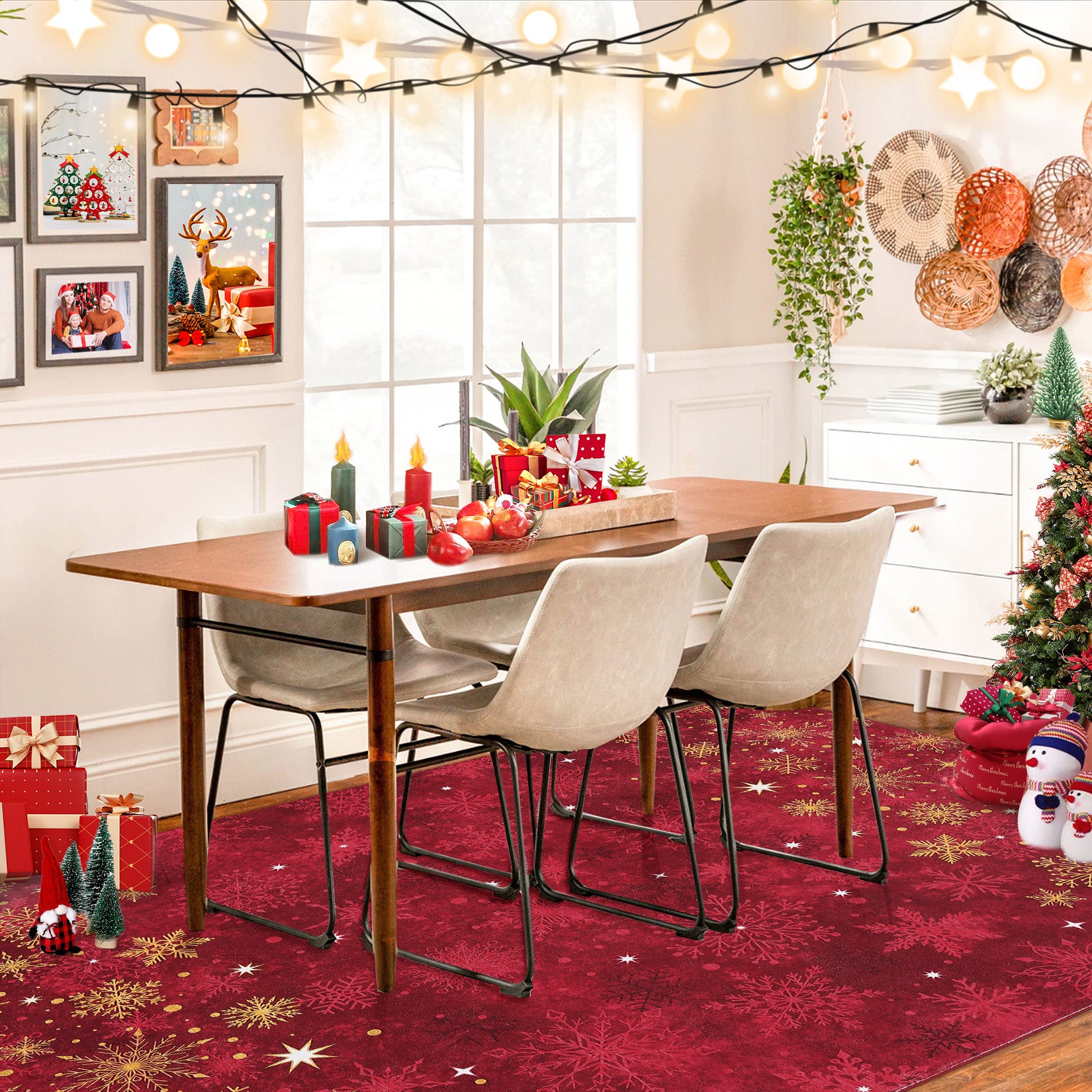 Garvee Christmas Snowflake Red 8x10 Feet Washable Foldable Non-Slip Rug (Low Pile), Pet & Child Friendly Carpet for Living Room, Bedroom Holiday Decoration