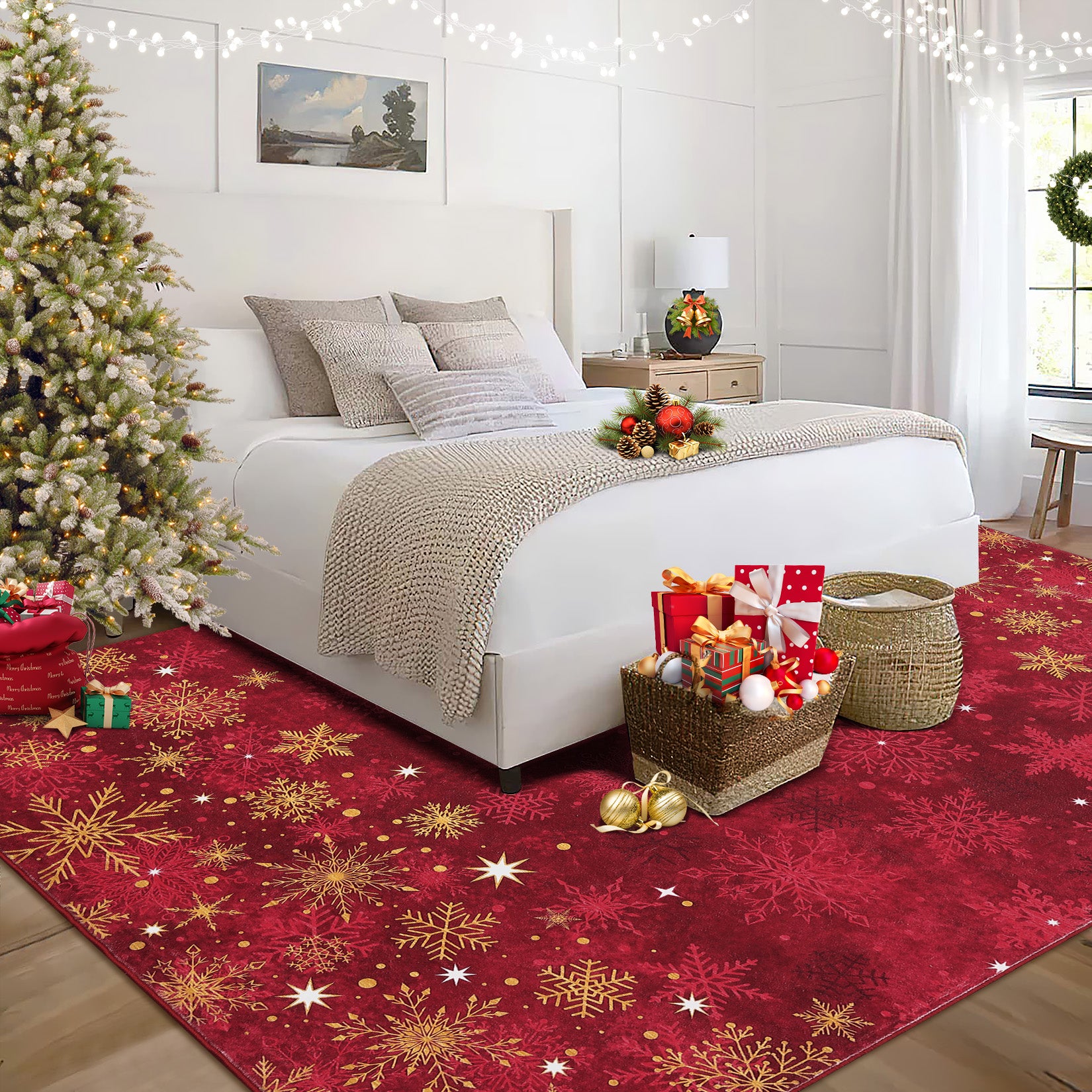 Garvee Christmas Snowflake Red 8x10 Feet Washable Foldable Non-Slip Rug (Low Pile), Pet & Child Friendly Carpet for Living Room, Bedroom Holiday Decoration