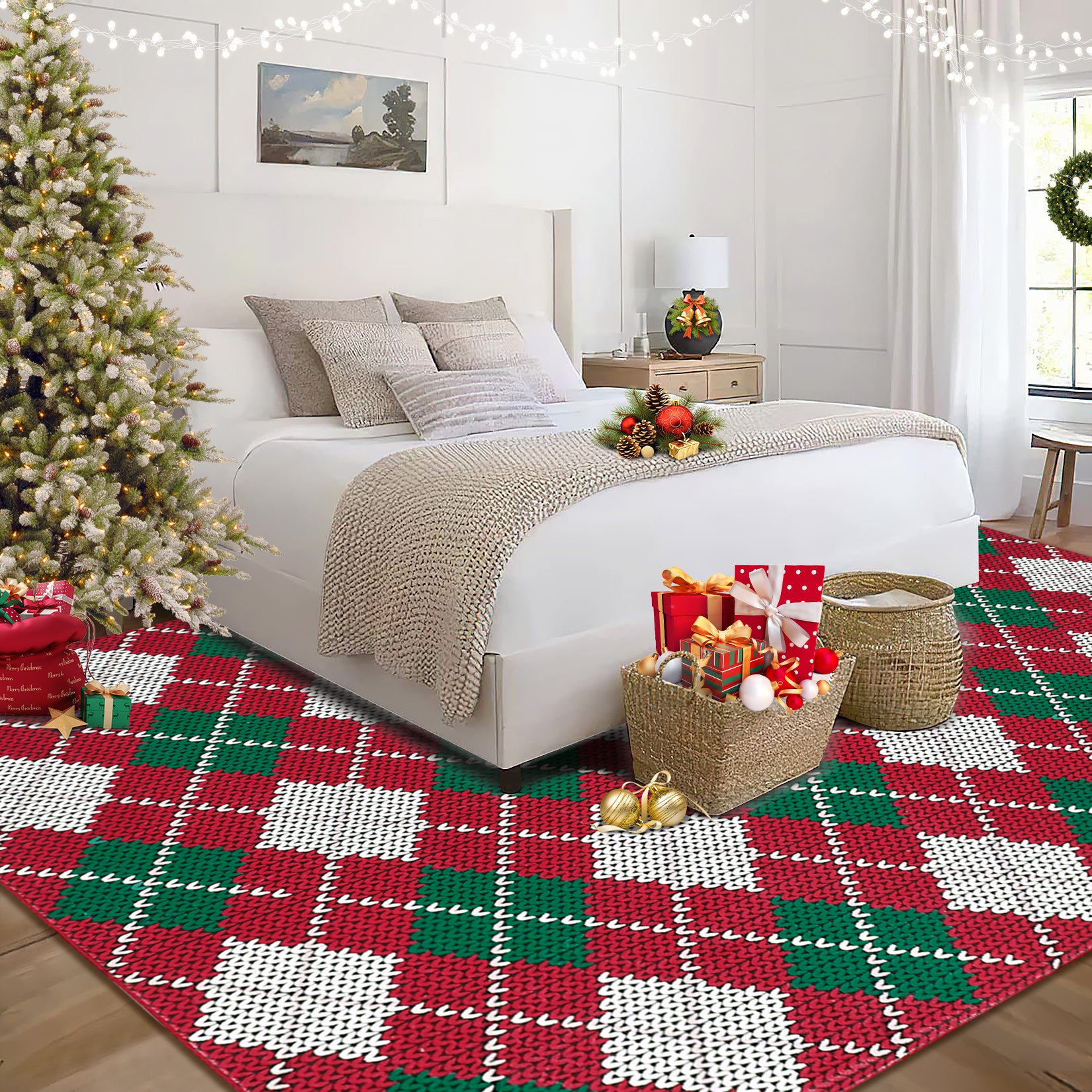 Garvee Christmas Buffalo Plaid Area Rug, 8x10 Machine Washable Soft Holiday Rug, Red & Green Checkered Carpet for Living Room Entryway