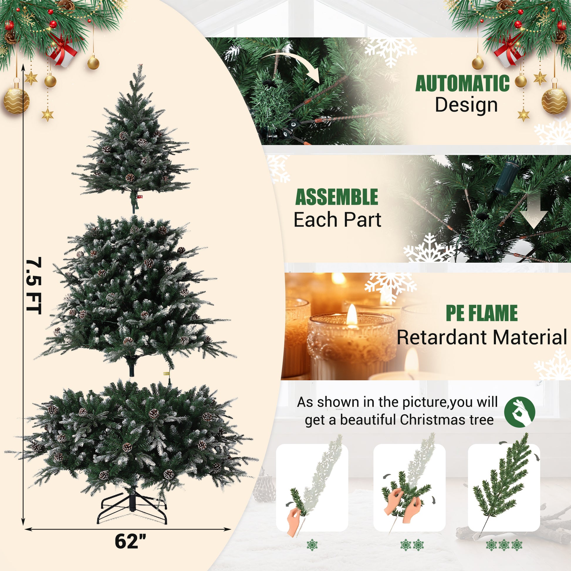Garvee 7.5ft Pre-Lit Artificial Christmas Tree, Snow Flocked Hinged Xmas Tree with 450 Dual Color LED Lights, 1531 Tips, 81 Pine Cones, Lighted Xmas Tree for Office Home Decoration