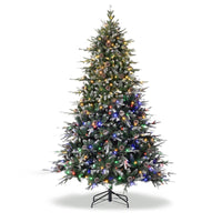 Garvee 6ft Pre-Lit Snow Flocked Christmas Tree, Artificial Hinged Xmas Tree with 300 Dual Color Incandescent Lights, 1162 Branch Tips, Natural Pinecones, Metal Stand, for Holiday Office Home Decor