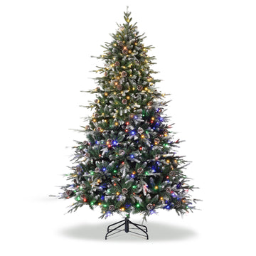 Garvee 9ft Pre-Lit Pencil Christmas Tree, Artificial Snow Flocked Hinged Fake Slim Xmas Tree with 800 Dual Color LED Lights, 2716 Branch Tips, 98 Pine Cones, for Office Home Decoration