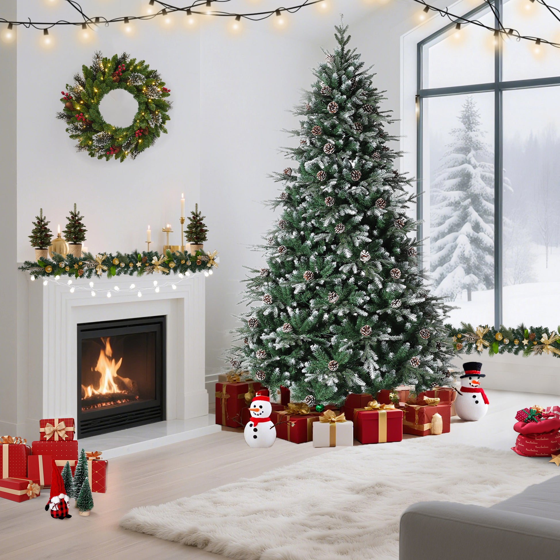 Garvee 9ft Pre-Lit Pencil Christmas Tree, Artificial Snow Flocked Hinged Fake Slim Xmas Tree with 800 Dual Color LED Lights, 2716 Branch Tips, 98 Pine Cones, for Office Home Decoration