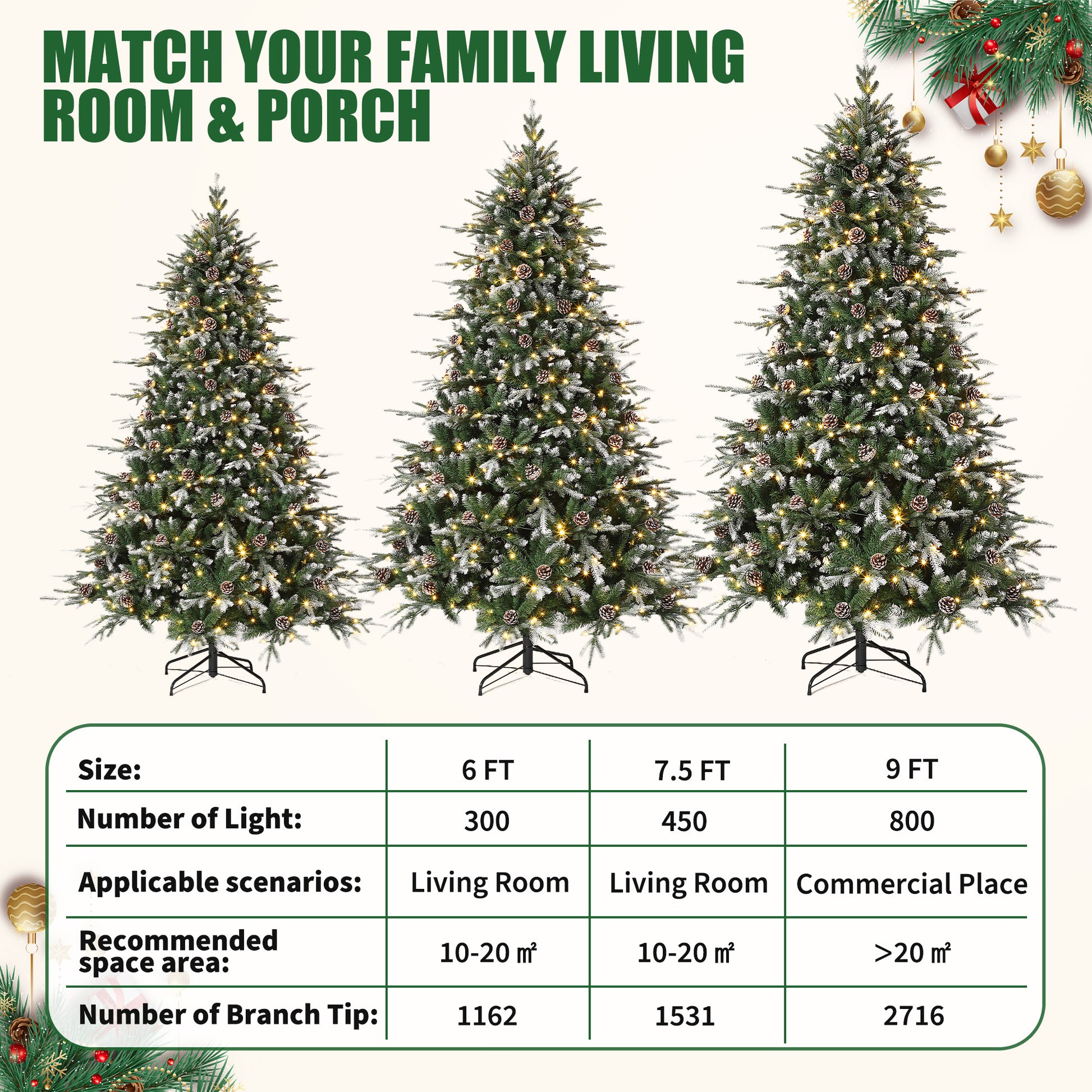 Garvee 6ft Pre-Lit Snow Flocked Christmas Tree, Artificial Hinged Xmas Tree with 300 Dual Color Incandescent Lights, 1162 Branch Tips, Natural Pinecones, Metal Stand, for Holiday Office Home Decor