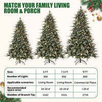 Garvee 6ft Pre-Lit Snow Flocked Christmas Tree, Artificial Hinged Xmas Tree with 300 Dual Color Incandescent Lights, 1162 Branch Tips, Natural Pinecones, Metal Stand, for Holiday Office Home Decor