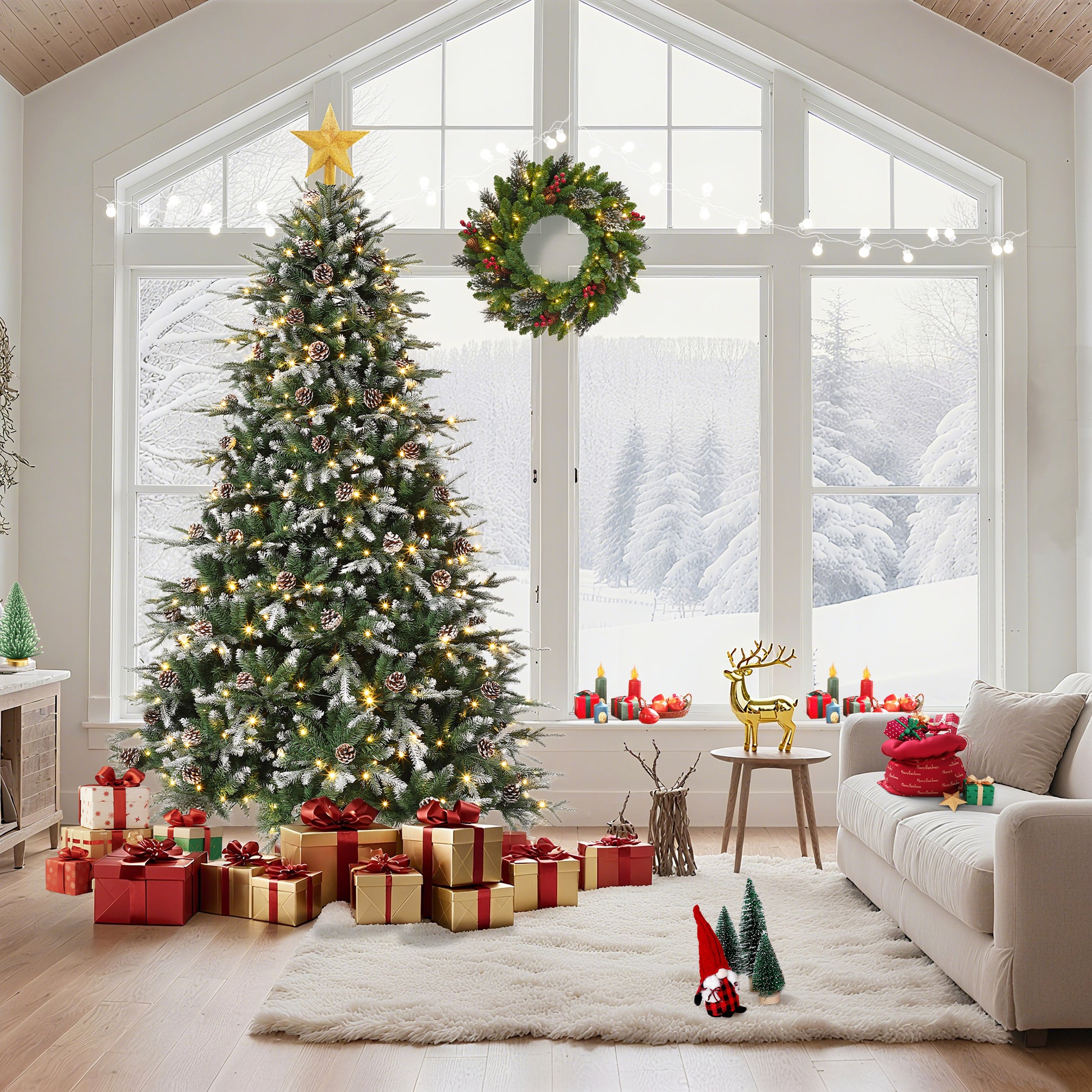 Garvee 7.5ft Pre-Lit Artificial Christmas Tree, Snow Flocked Hinged Xmas Tree with 450 Dual Color LED Lights, 1531 Tips, 81 Pine Cones, Lighted Xmas Tree for Office Home Decoration