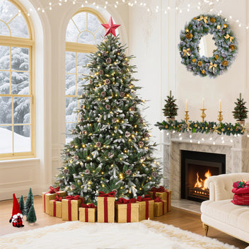 Garvee 6ft Pre-Lit Snow Flocked Christmas Tree, Artificial Hinged Xmas Tree with 300 Dual Color Incandescent Lights, 1162 Branch Tips, Natural Pinecones, Metal Stand, for Holiday Office Home Decor