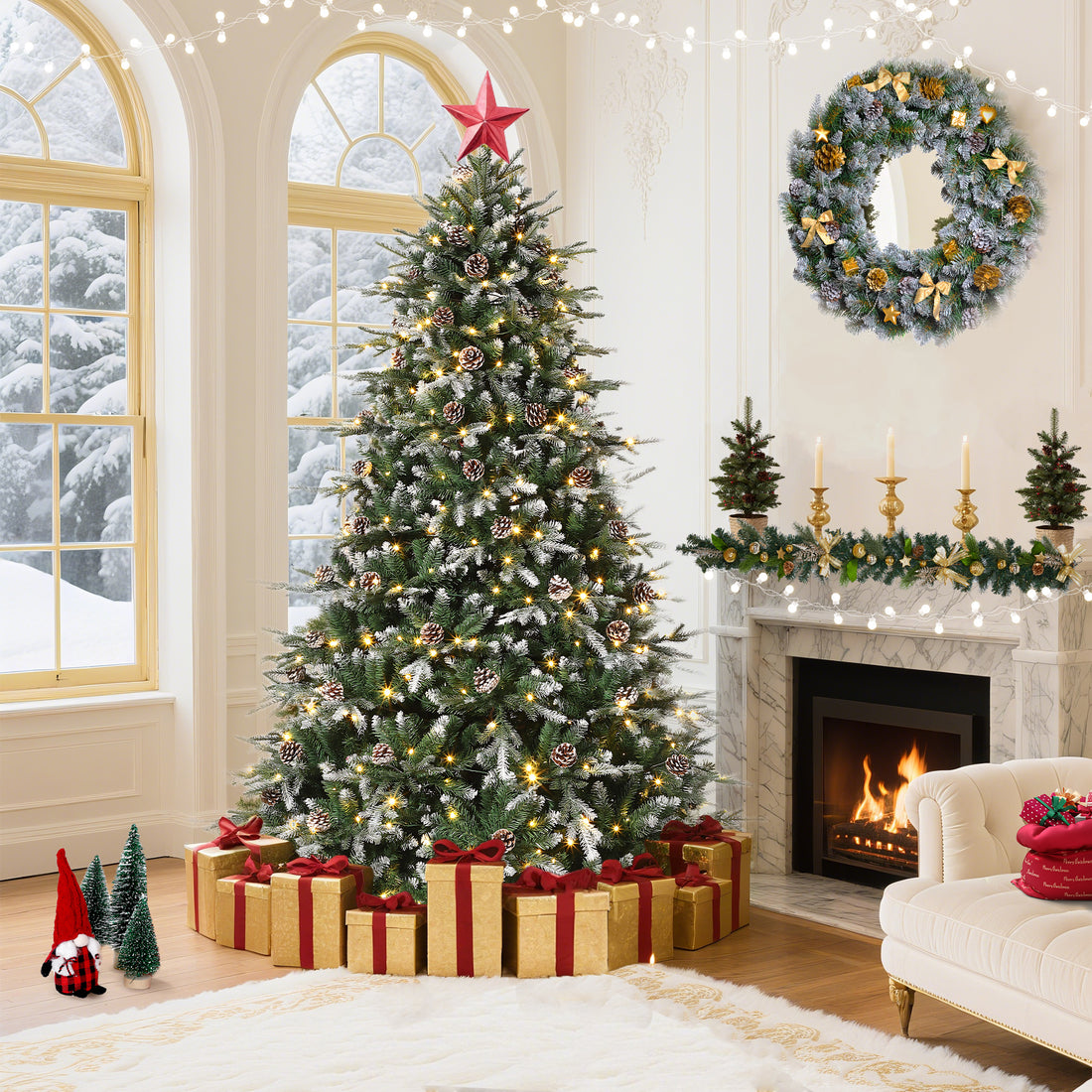 Garvee 6ft Pre-Lit Snow Flocked Christmas Tree, Artificial Hinged Xmas Tree with 300 Dual Color Incandescent Lights, 1162 Branch Tips, Natural Pinecones, Metal Stand, for Holiday Office Home Decor