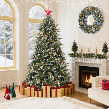 Garvee 6ft Pre-Lit Snow Flocked Christmas Tree, Artificial Hinged Xmas Tree with 300 Dual Color Incandescent Lights, 1162 Branch Tips, Natural Pinecones, Metal Stand, for Holiday Office Home Decor