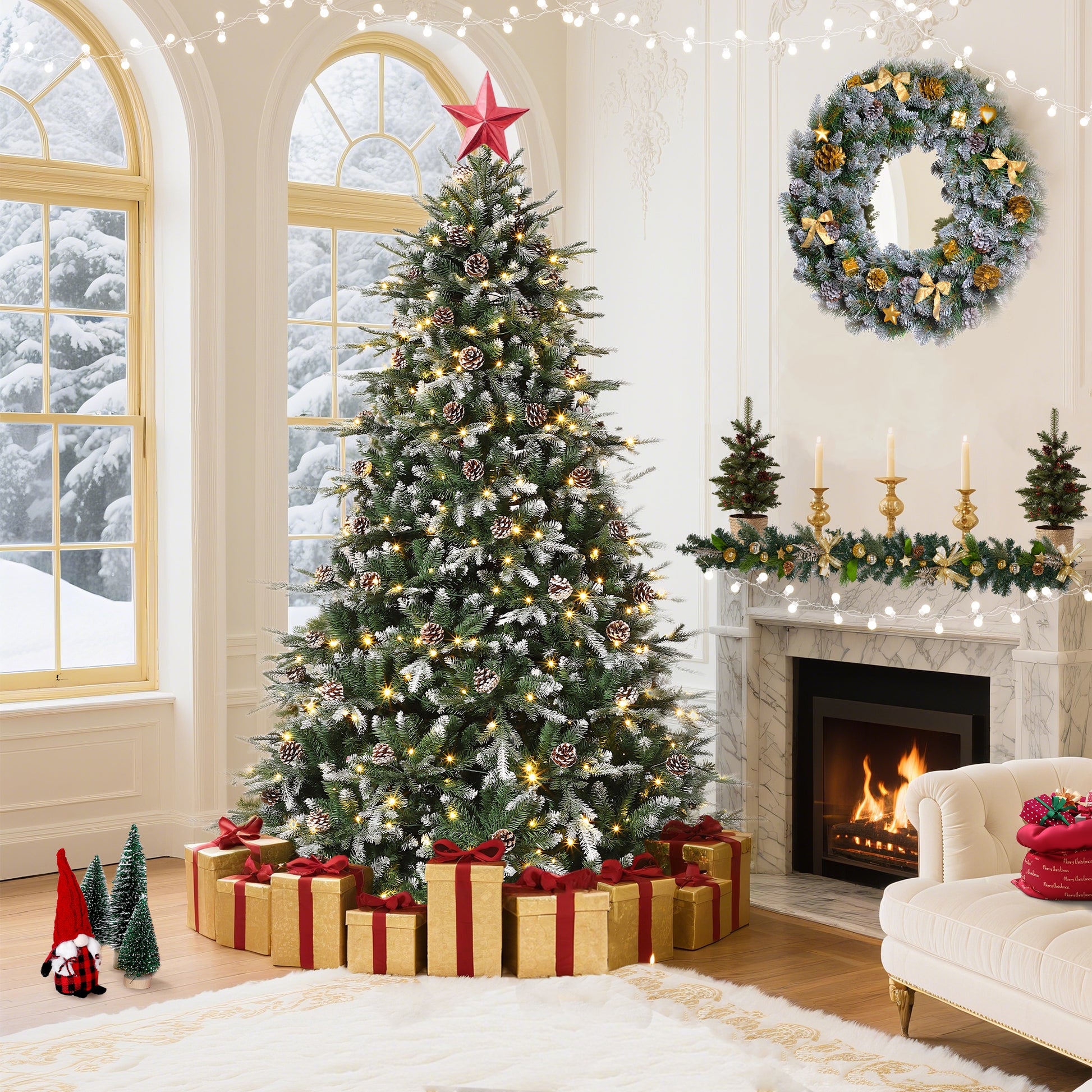 Garvee 9ft Pre-Lit Pencil Christmas Tree, Artificial Snow Flocked Hinged Fake Slim Xmas Tree with 800 Dual Color LED Lights, 2716 Branch Tips, 98 Pine Cones, for Office Home Decoration