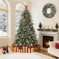 Garvee 7.5ft Pre-Lit Artificial Christmas Tree, Snow Flocked Hinged Xmas Tree with 450 Dual Color LED Lights, 1531 Tips, 81 Pine Cones, Lighted Xmas Tree for Office Home Decoration