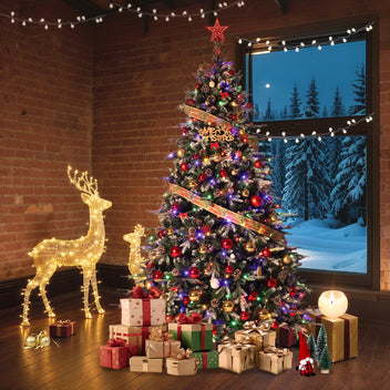 Garvee 7.5ft Pre-Lit Artificial Christmas Tree, Snow Flocked Hinged Xmas Tree with 450 Dual Color LED Lights, 1531 Tips, 81 Pine Cones, Lighted Xmas Tree for Office Home Decoration